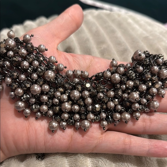 Natasha Couture Silver Pearls and Rhinestones Bib Necklace - Picture 5 of 5